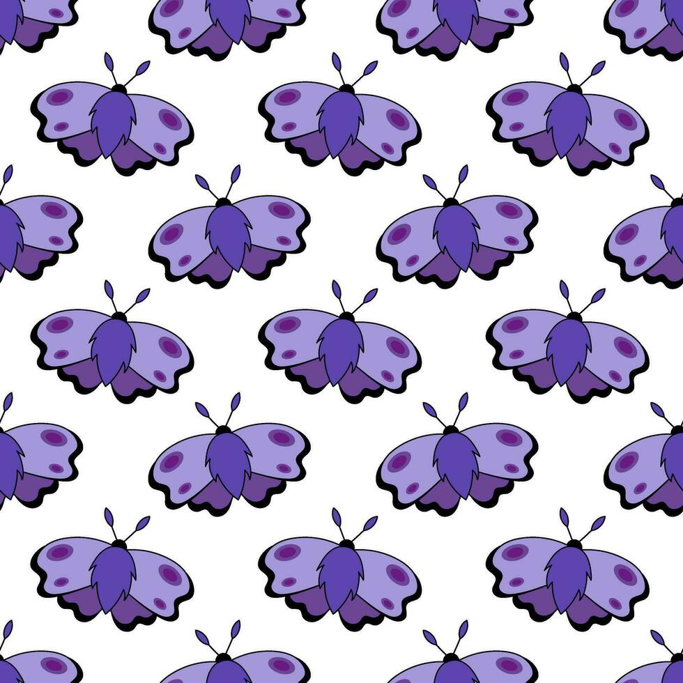 Seamless pattern with Purple Moth. Flying magic insect. Vector flat illustration for fabric, texture, wallpaper, poster, postcard.