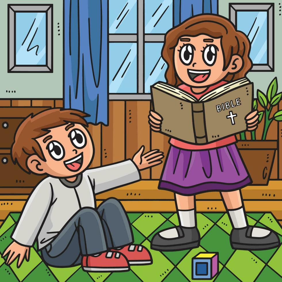 Christian Children Reading Bible Colored Cartoon vector