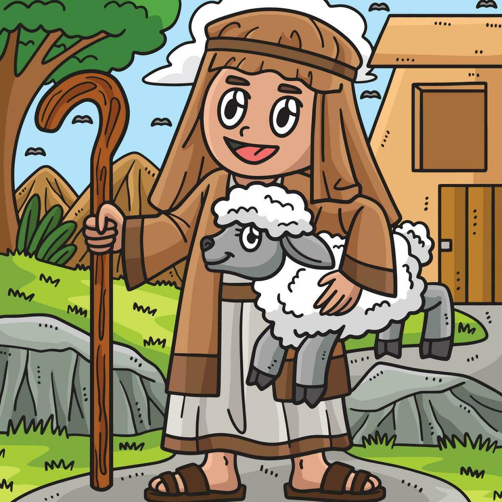 Christian Shepherd Sheep Colored Cartoon vector