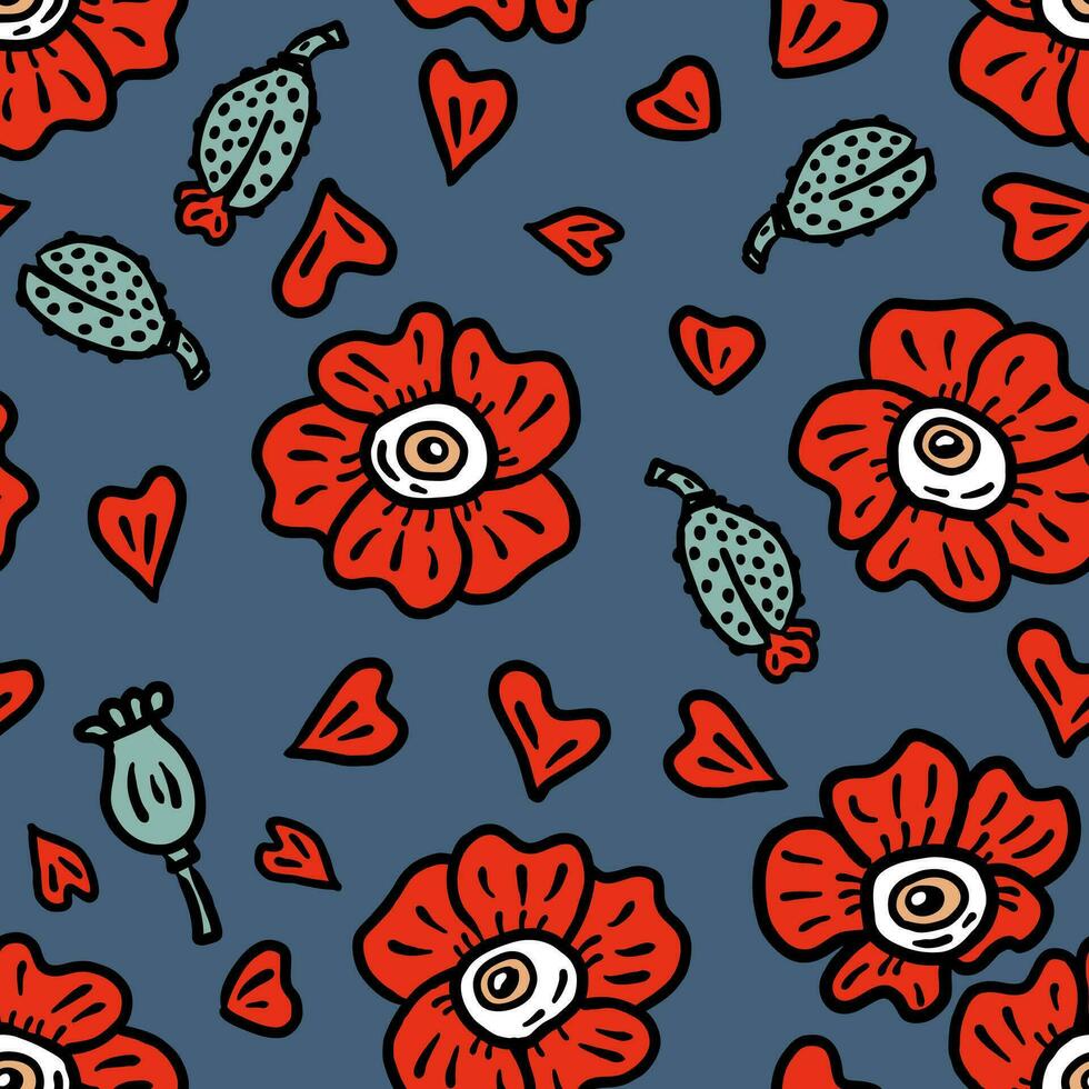 Psychedelic seamless pattern with big eyed poppy flowers and buds. Magic print for tee, paper, textile and fabric. vector