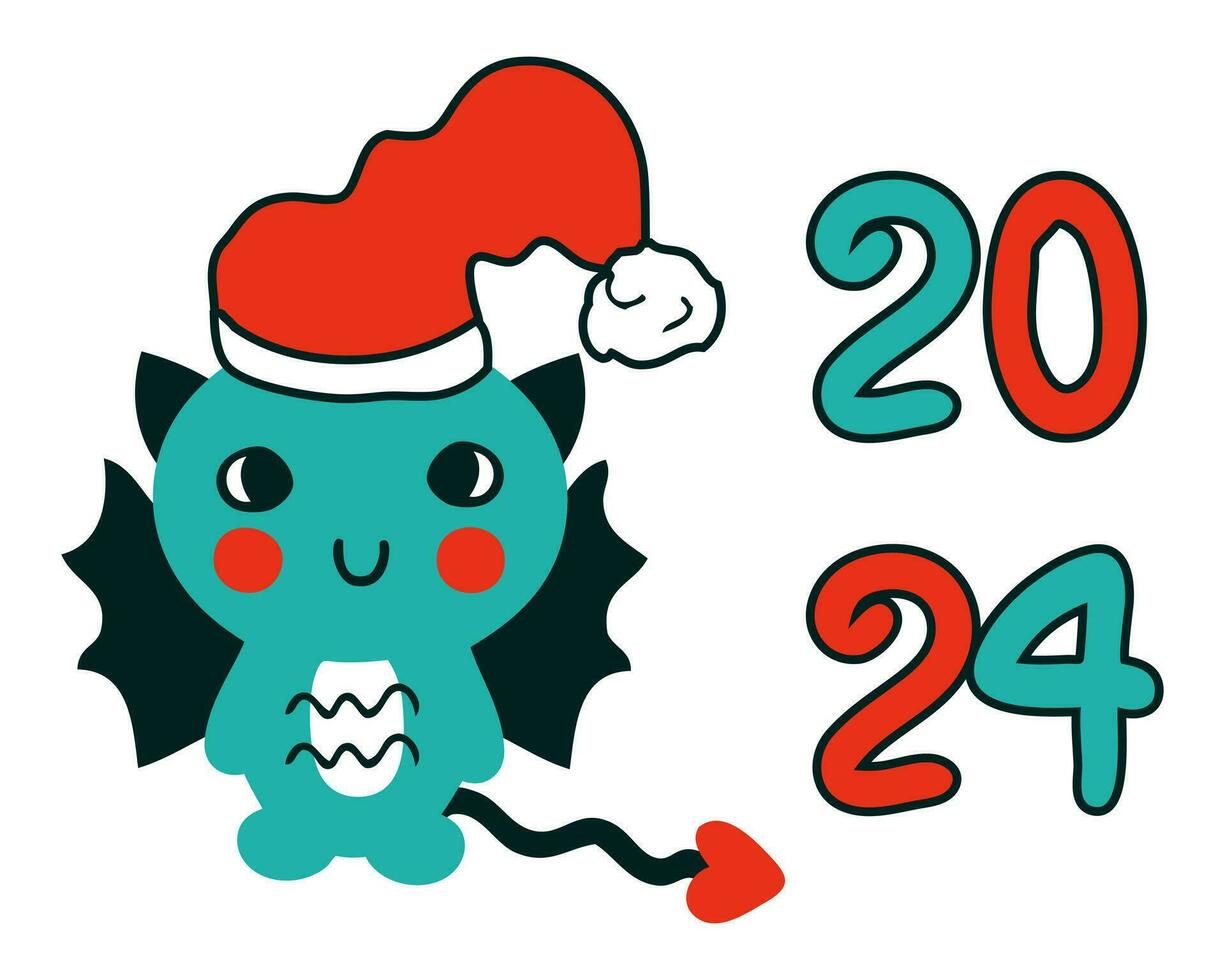 New Year 2024 template with kawaii dragon cartoon character. Perfect for tee, poster, card, sticker. Hand drawn vector illustration.