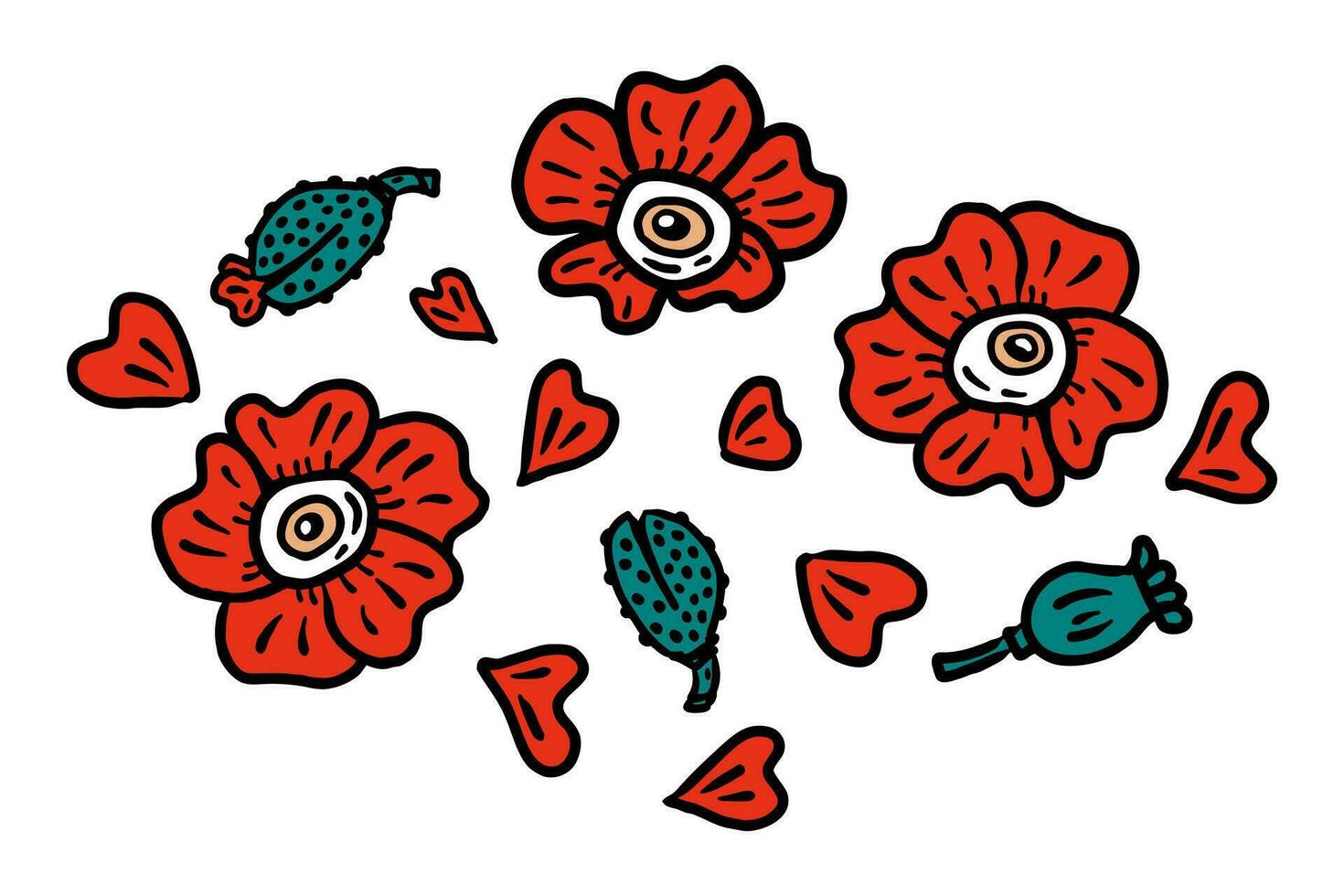 Gothic horizontal print with big eyed poppy flowers and buds. Perfect print for pillow, sticker, card, poster. vector