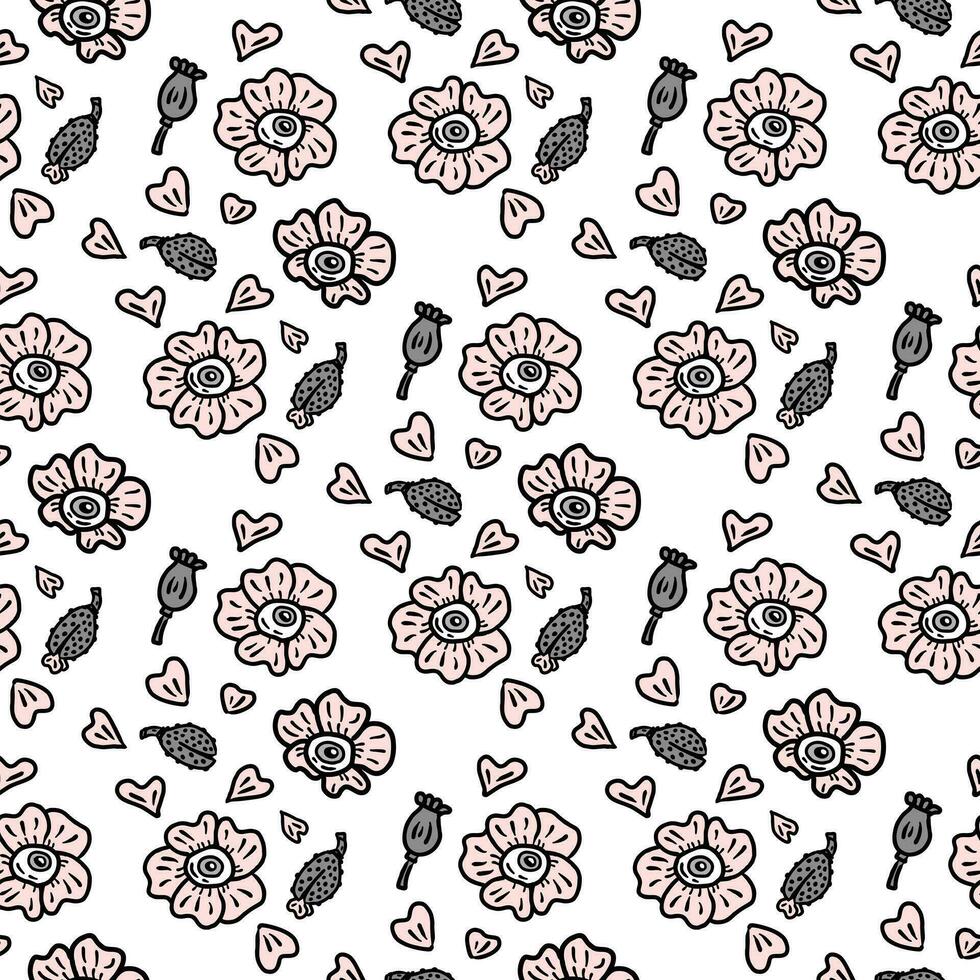Gothic seamless pattern with big eyed poppy flowers and buds. Mystic print for tee, paper, textile and fabric. vector