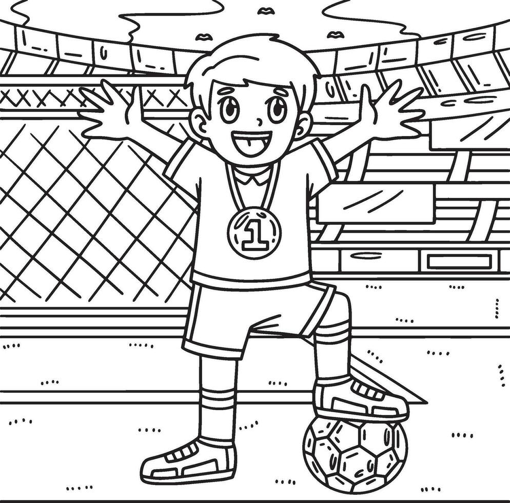 fútbol chico vistiendo medalla colorante página para niños vector