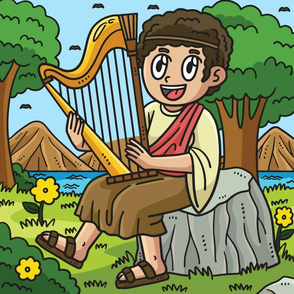 Christian David Playing the Harp Colored Cartoon vector