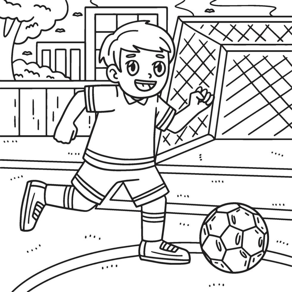 chico persiguiendo fútbol pelota colorante página para niños vector