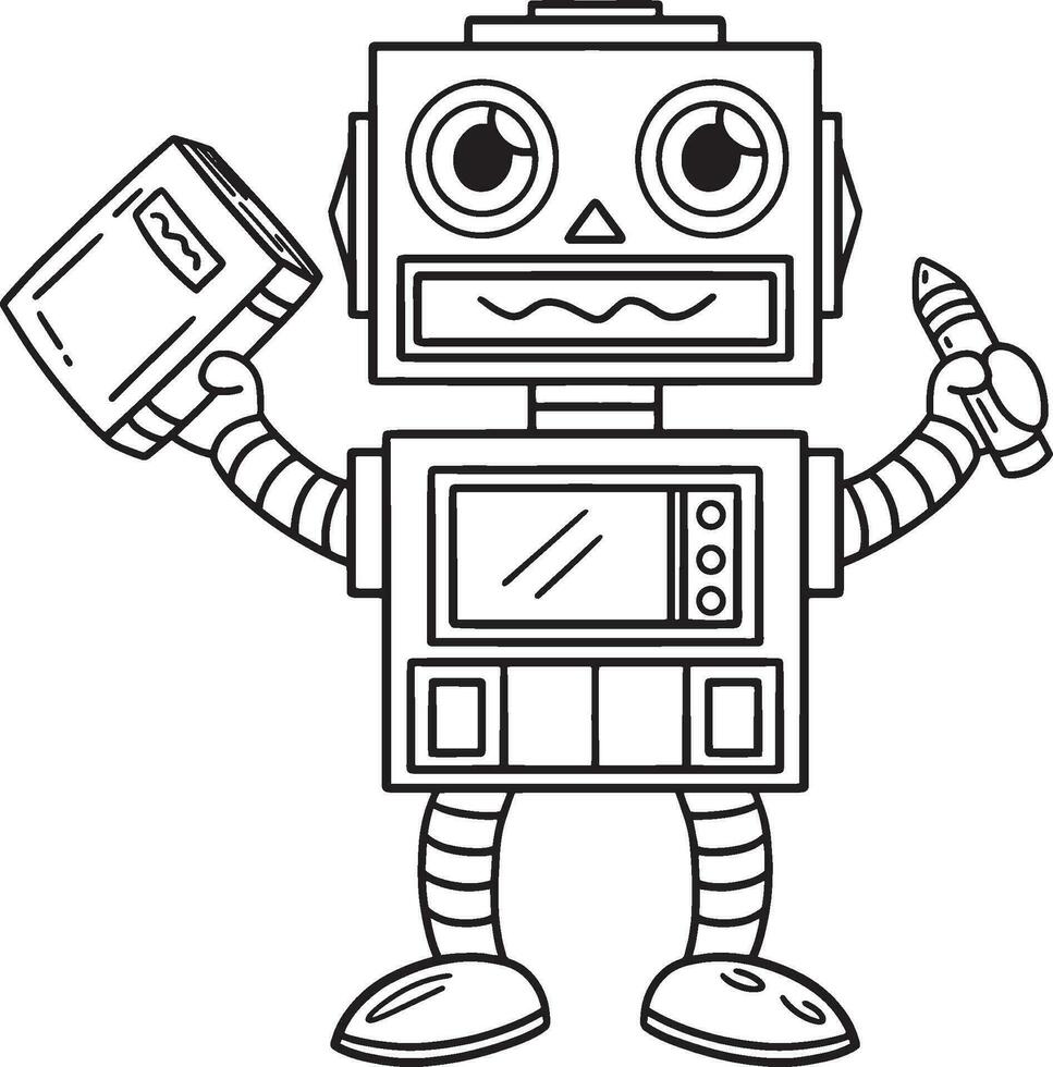 Robot with Book and Pencil Isolated Coloring Page vector