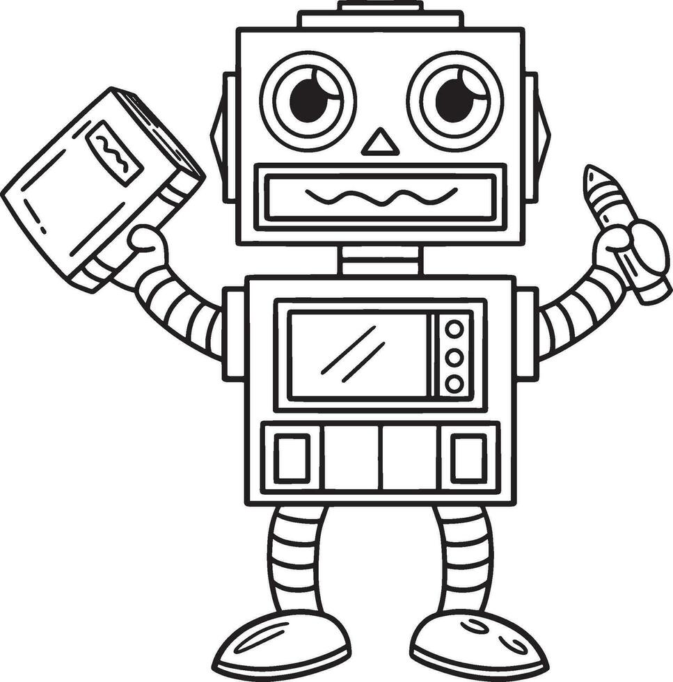 robot con libro y lápiz aislado colorante página vector