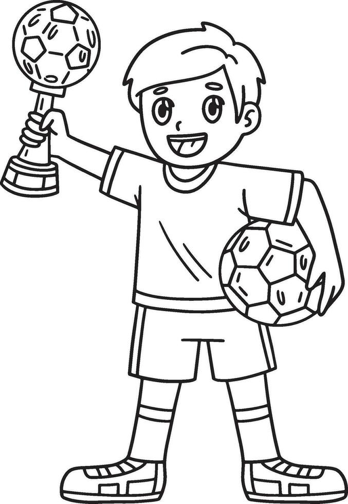 Boy with a Soccer Trophy Isolated Coloring Page vector