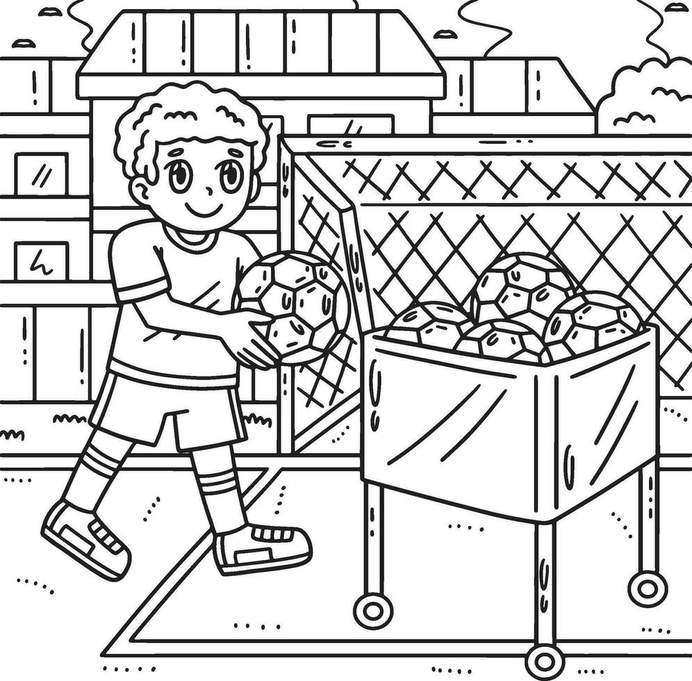 Boy with Soccer Ball Cart Coloring Page for Kids vector