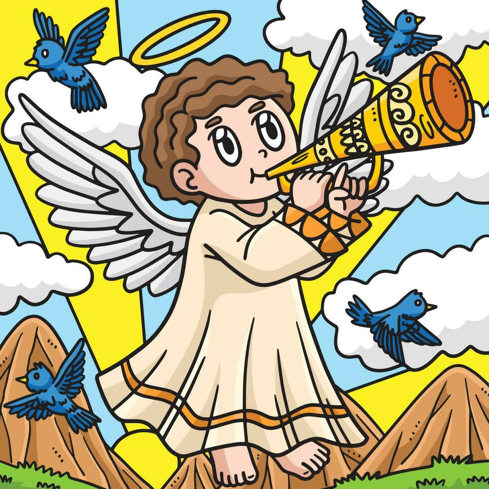 Christian Angel Blowing Trumpet Colored Cartoon vector