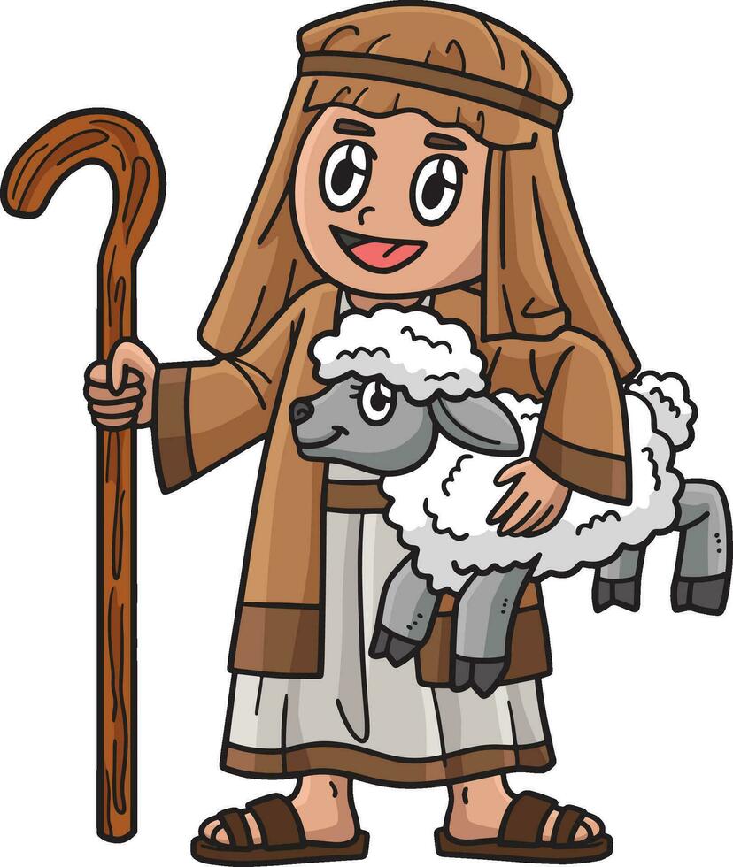 Christian Shepherd and Sheep Cartoon Clipart vector