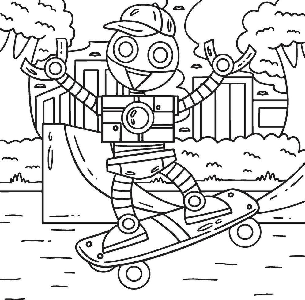 Robot Skateboarding Coloring Page for Kids vector