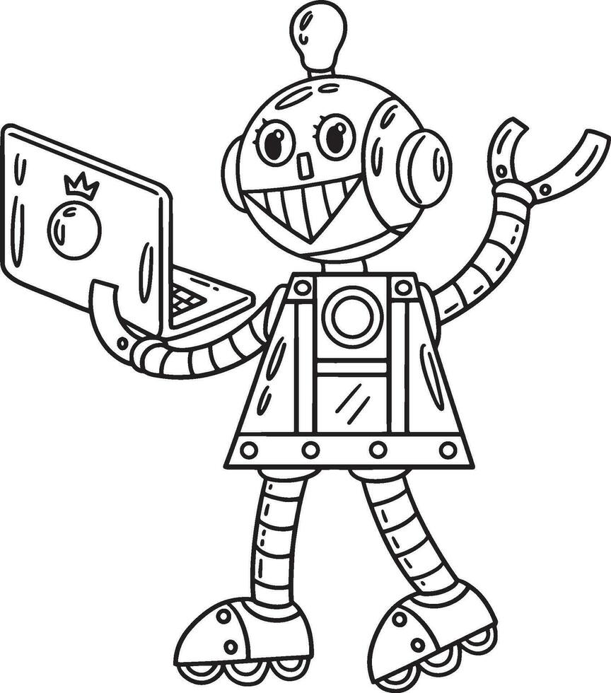 Robot with a Laptop Isolated Coloring Page vector