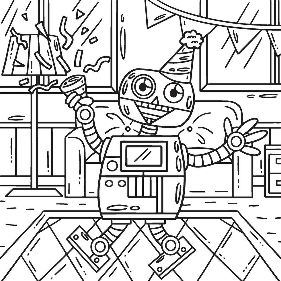 Robot with Party Hat and Confetti Coloring Page vector