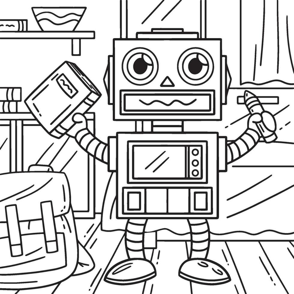 Robot with Book and Pencil Coloring Page for Kids vector