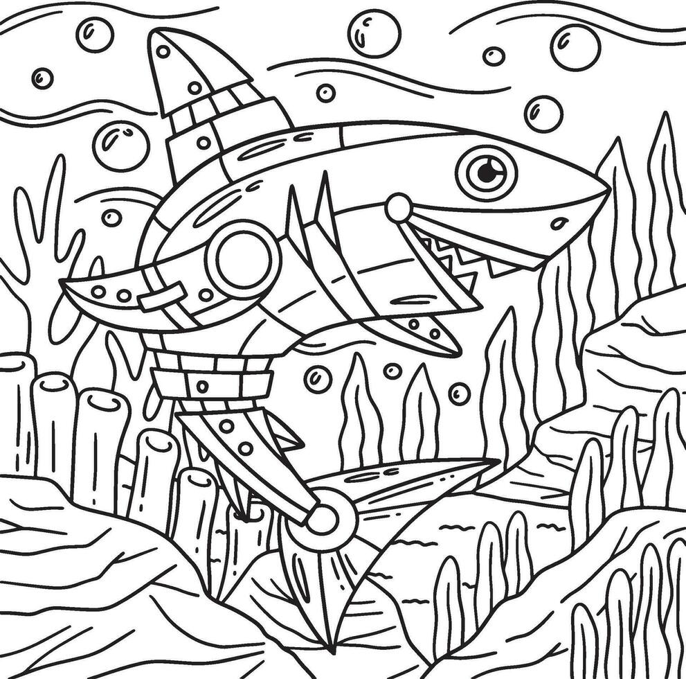 Robot Shark Coloring Page for Kids vector