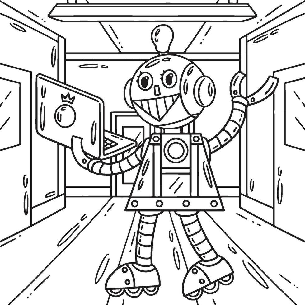 robot con un ordenador portátil colorante página para niños vector