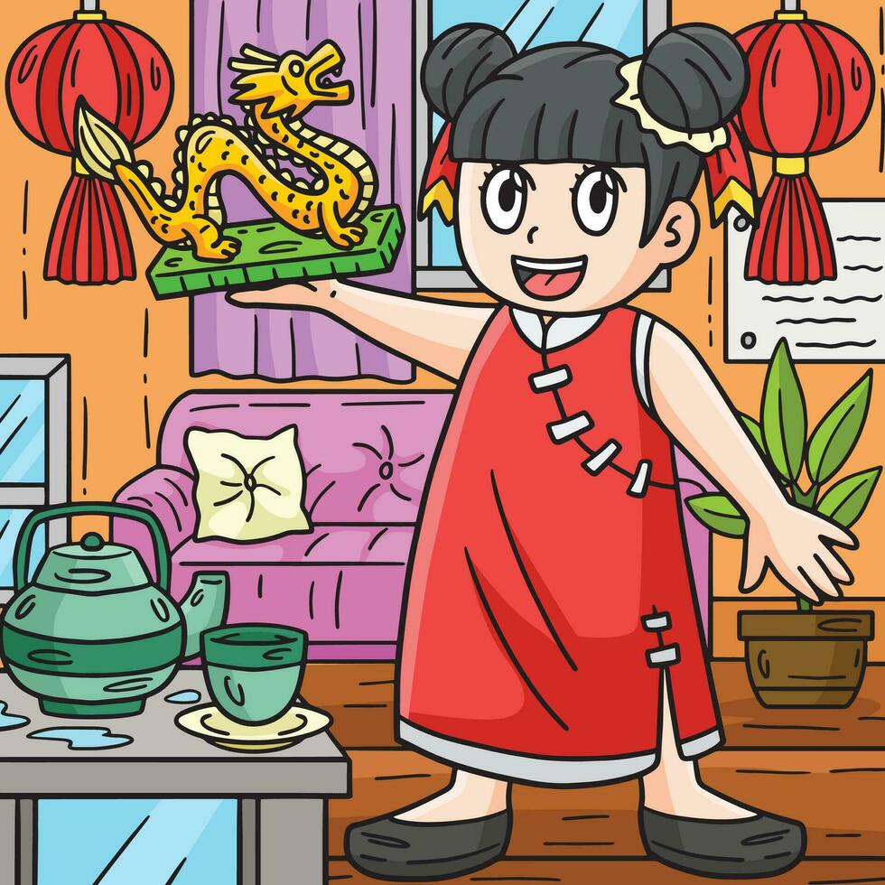 Year of the Dragon Girl Dragon Statuette Colored vector