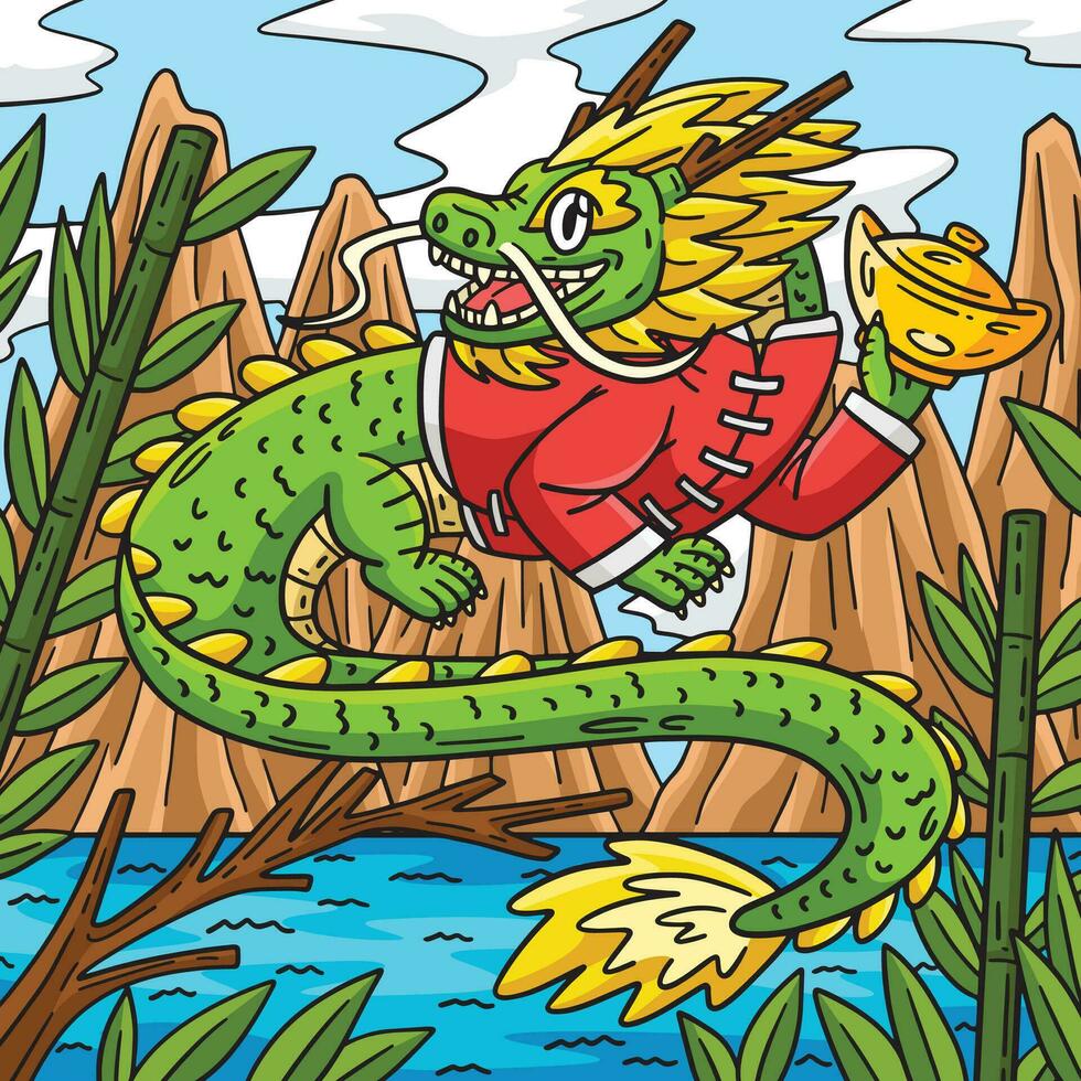 Year of the Dragon with Gold Ingot Colored Cartoon vector