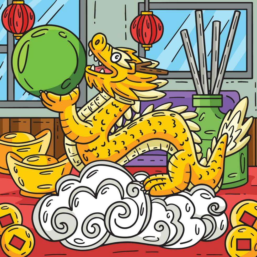 Year of the Dragon with Jade Orb Colored Cartoon vector