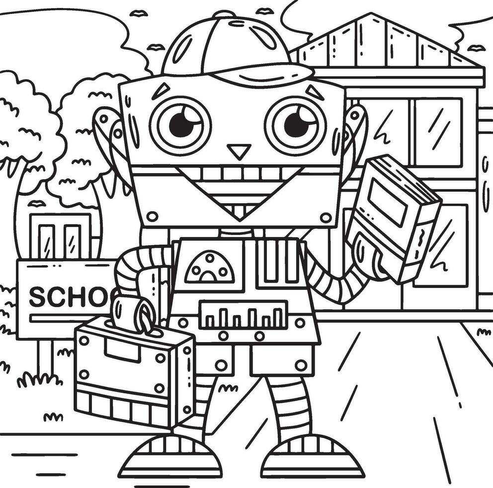 robot yendo a colegio colorante página para niños vector