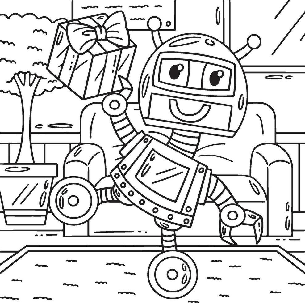 Robot with a Present Coloring Page for Kids vector