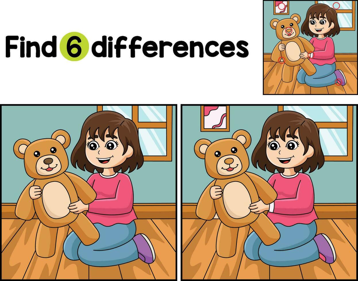 Girl Holding A Teddy Bear Find The Differences vector