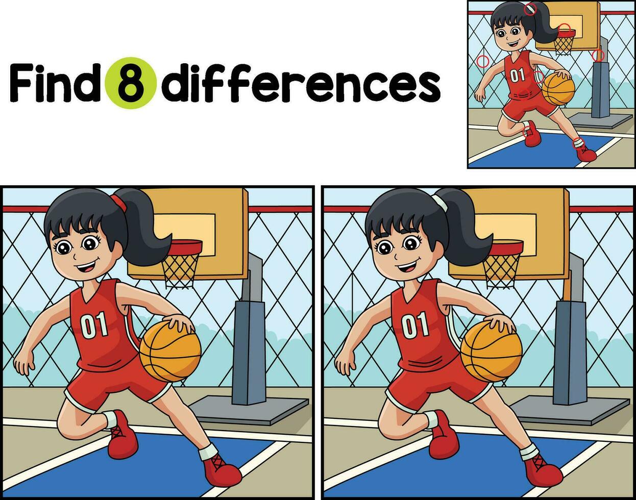 niña jugando baloncesto encontrar el diferencias vector