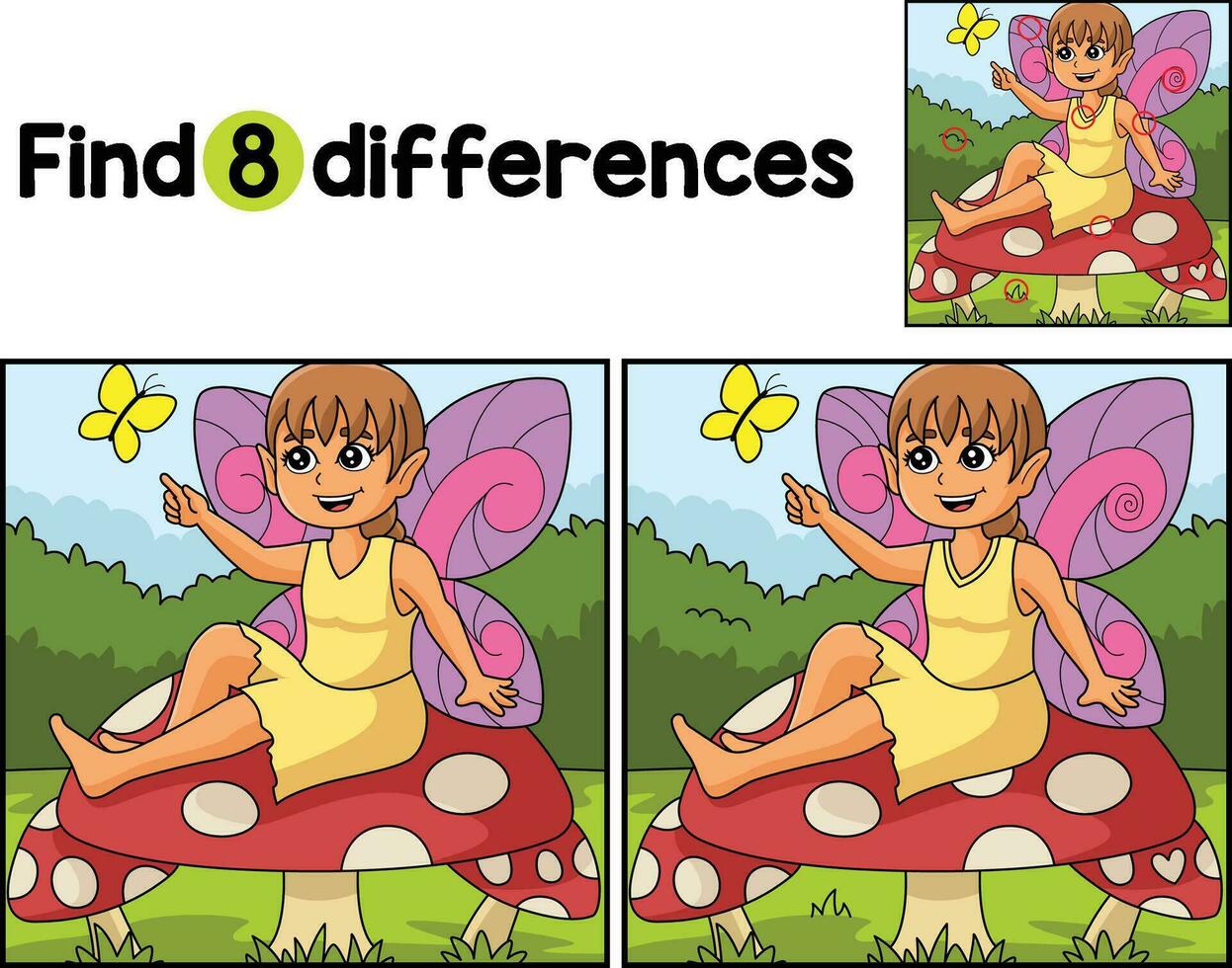 Fairy Sitting On A Mushroom Find The Differences vector