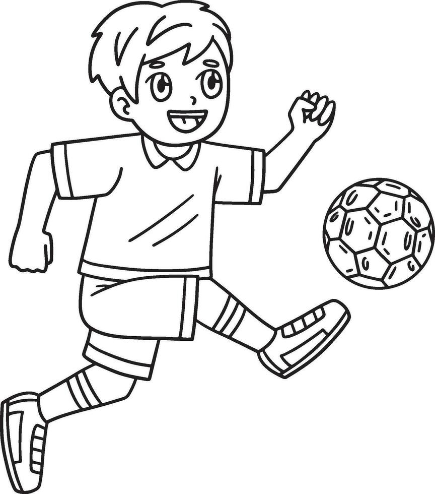 Boy Kicking Soccer Ball Isolated Coloring Page vector