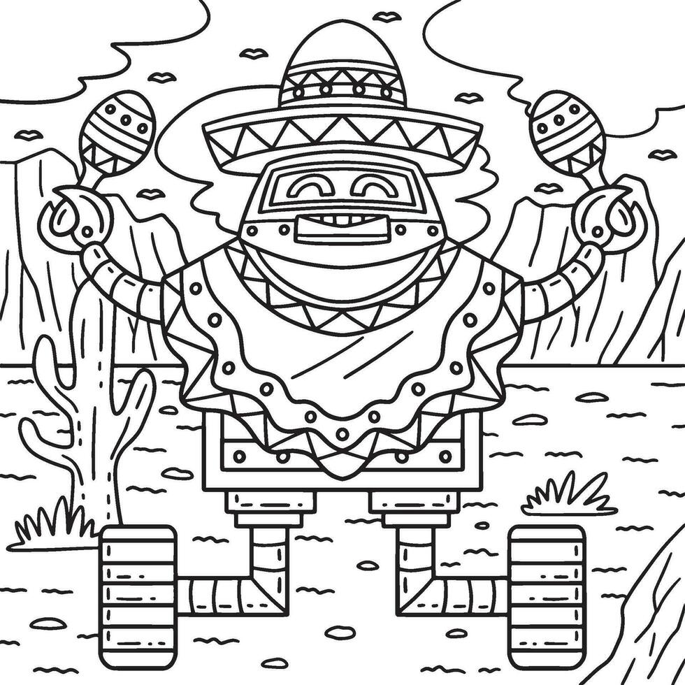 Robot with Poncho and Maracas Coloring Page vector