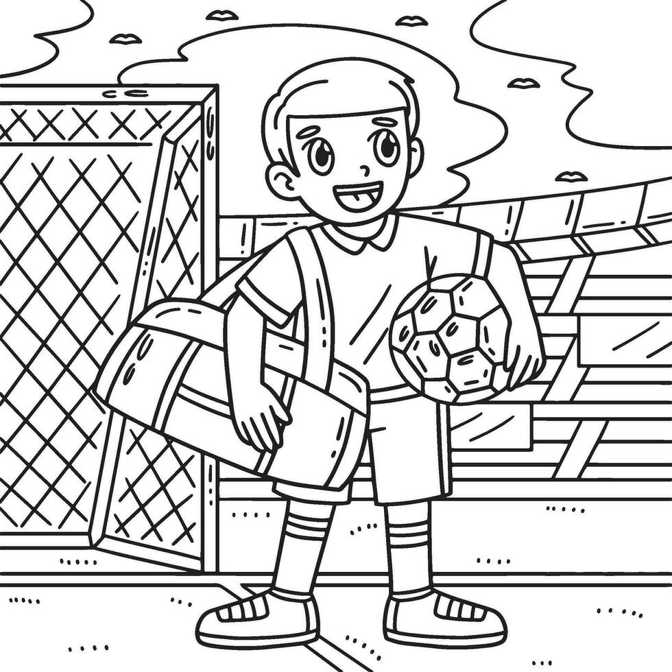 fútbol chico con Deportes bolso colorante página para niños vector