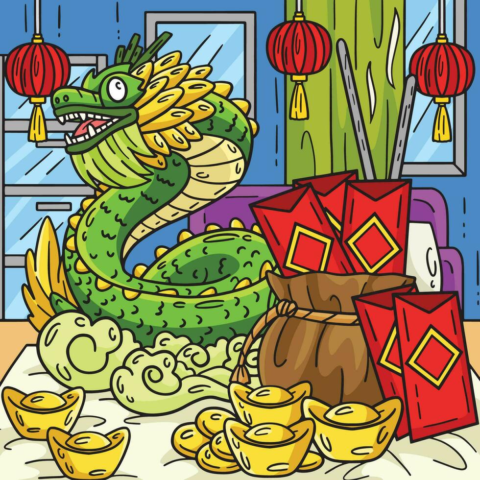 Year of the Dragon Statue and Angpao Colored vector