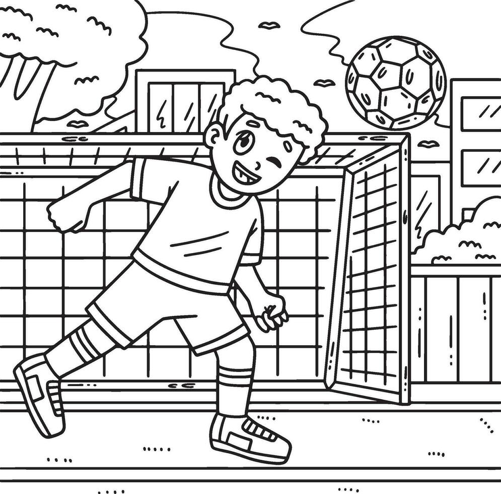 Boy Hitting Soccer Ball with Head Coloring Page vector