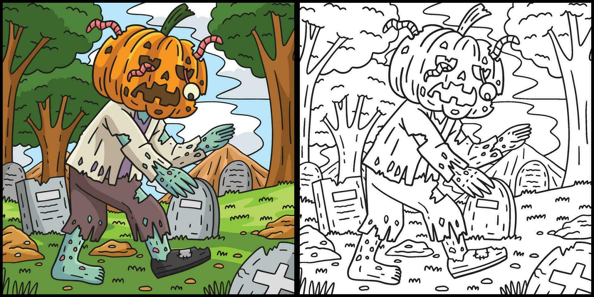 Zombie in a Pumpkin Head Coloring Illustration vector