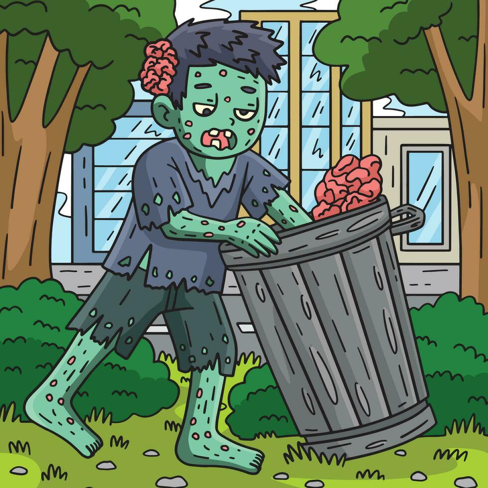 Zombie Rummaging a Trash Can Colored Cartoon vector