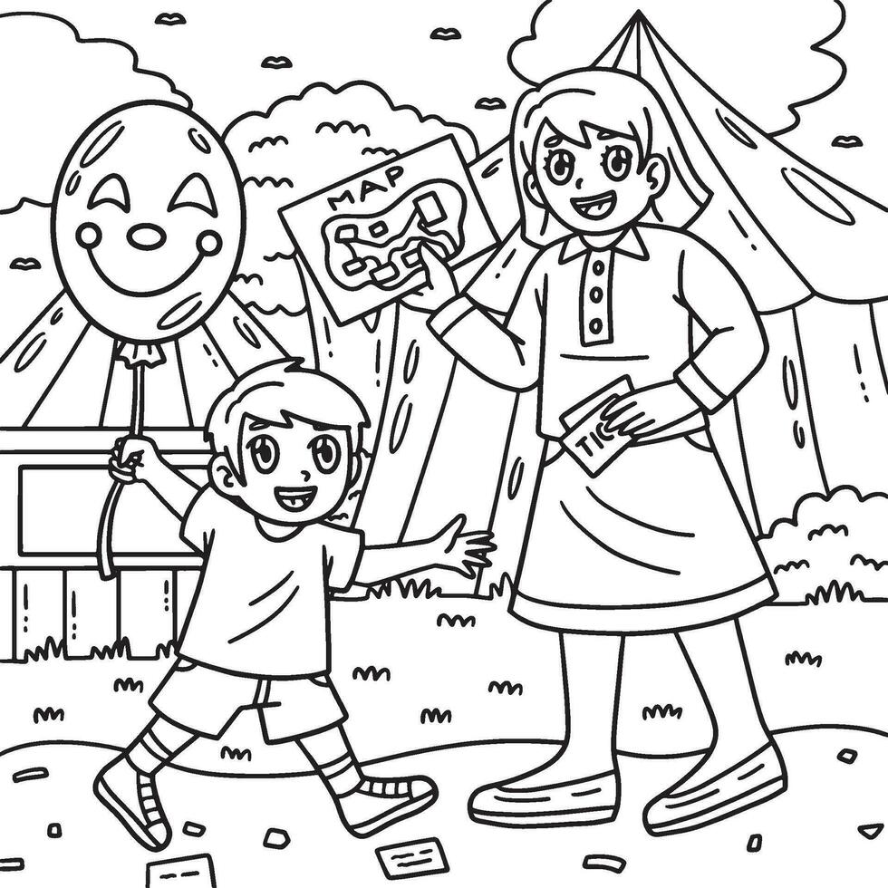 Parent and Child in Circus Coloring Page for Kids vector