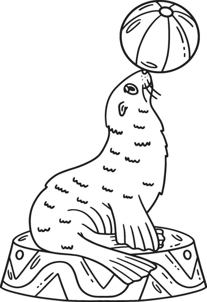 Circus Sea Lion and Ball Isolated Coloring Page vector