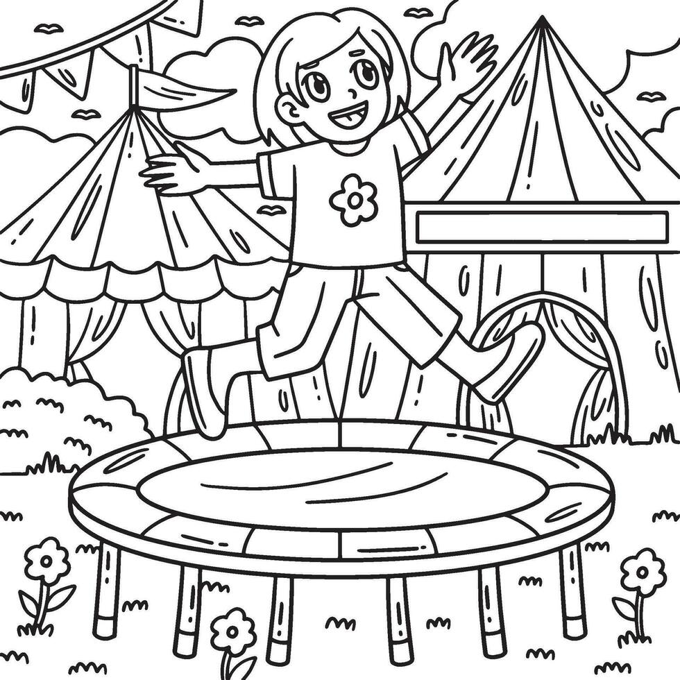 Circus Child and Trampoline Coloring Page for Kids vector
