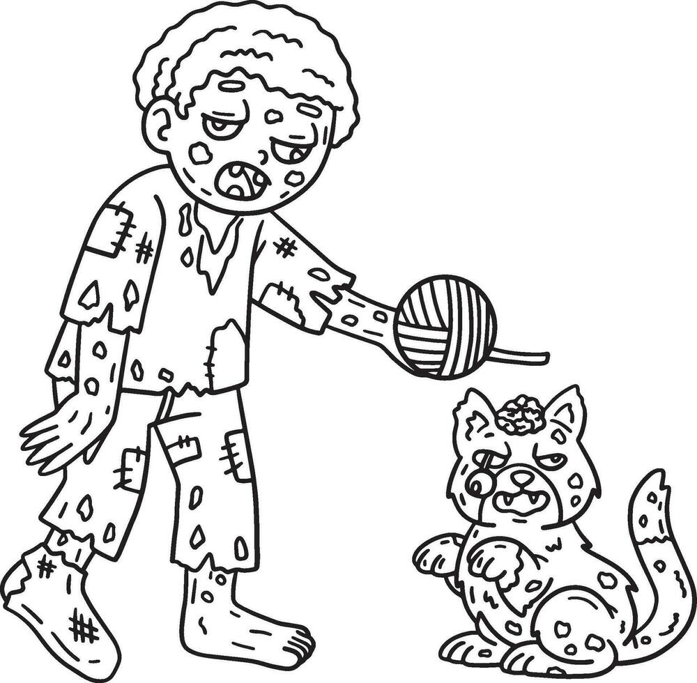 Zombie and Undead Cat Isolated Coloring Page vector