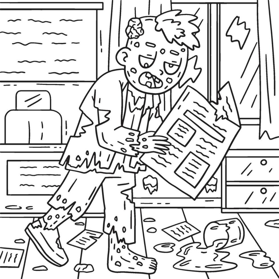 Zombie with Newspaper Coloring Pages for Kids vector