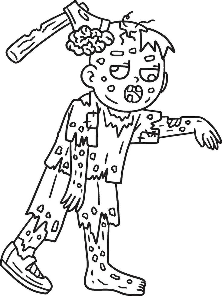 Zombie with an Ax on the Head Isolated Coloring vector