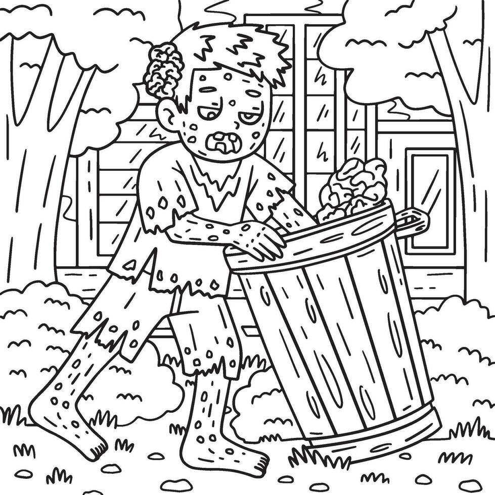 Trash Can Zombie Coloring Pages for Kids vector