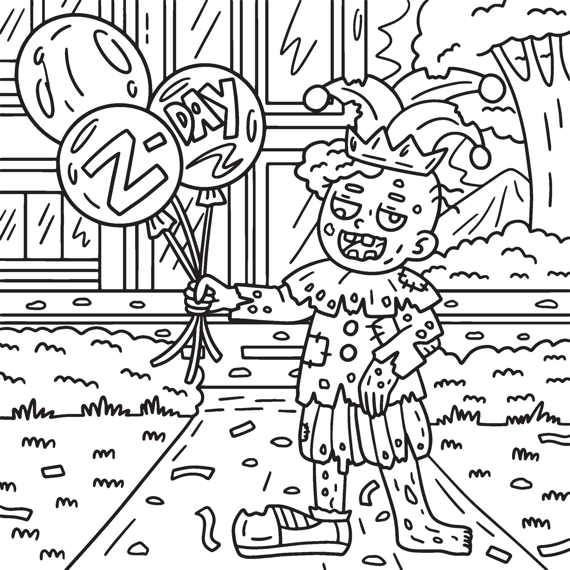 Zombie Clown with Balloons Coloring Pages for Kids 34328816 Vector Art