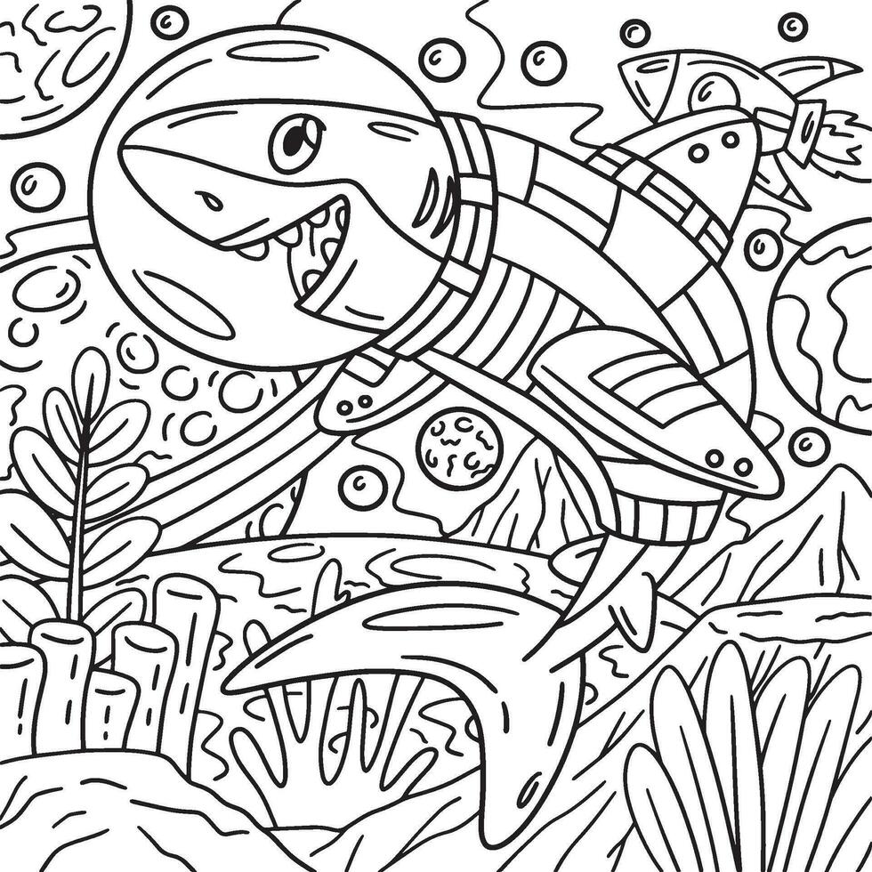 Space Shark Coloring Page for Kids vector