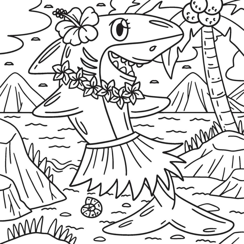 Shark Wearing Flowers and Hula Skirt Coloring Page vector