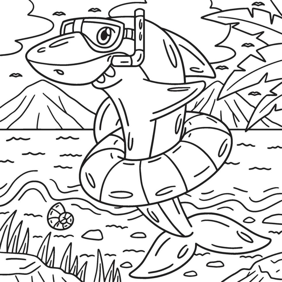 Shark with a Snorkel and Float ring Coloring Page vector