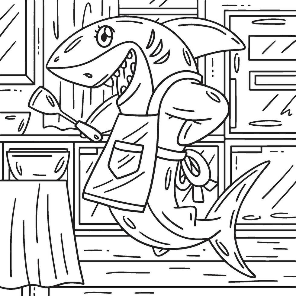 tiburón con un delantal y espátula colorante página vector