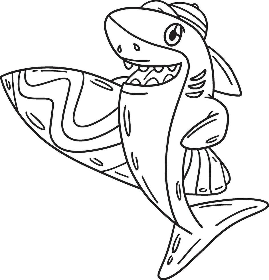 Shark with a Surfboard Isolated Coloring Page vector